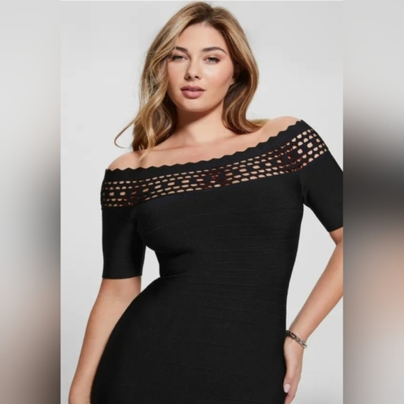 GUESS Gabriela Black peplum hem Bodycon Bandage Midi Dress size Small new - Picture 8 of 8